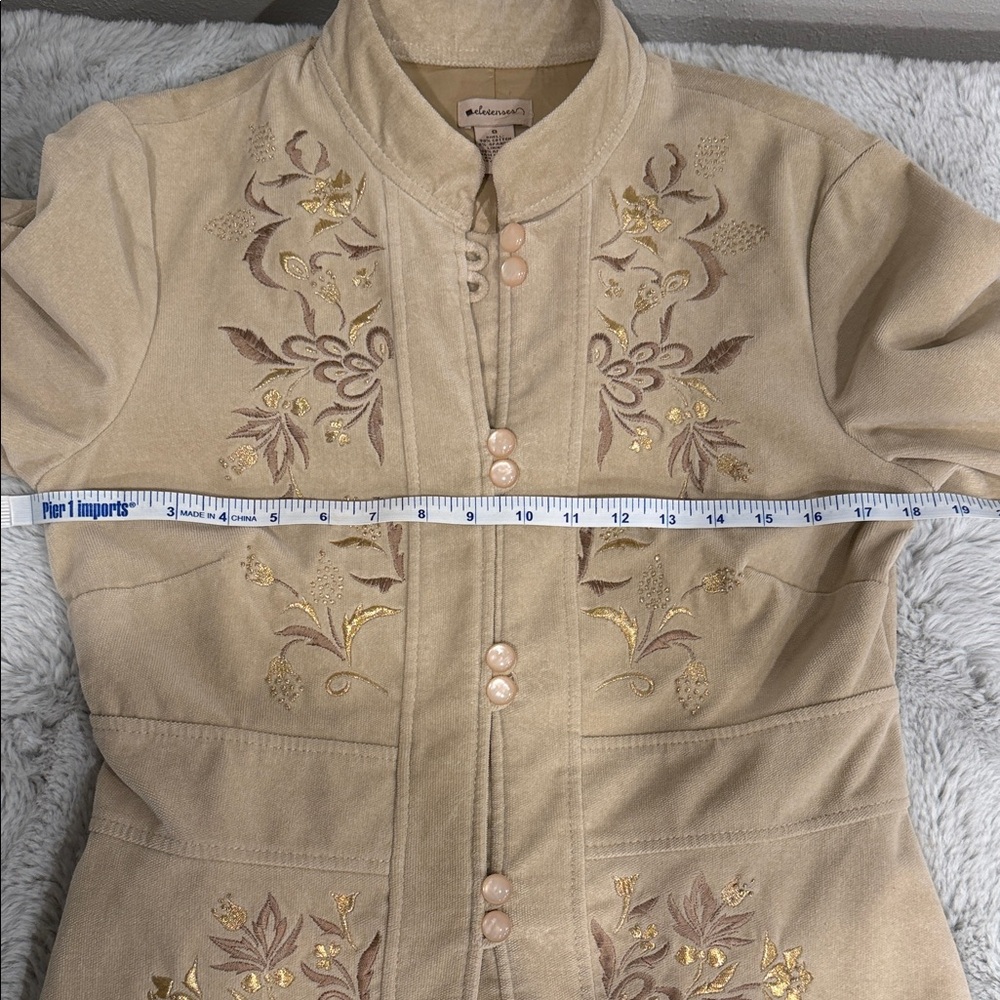 Anthropologie Elevenses Embroidered Coat 8 Tan Velvet Corduroy Vintage Romantic - Picture 13 of 17